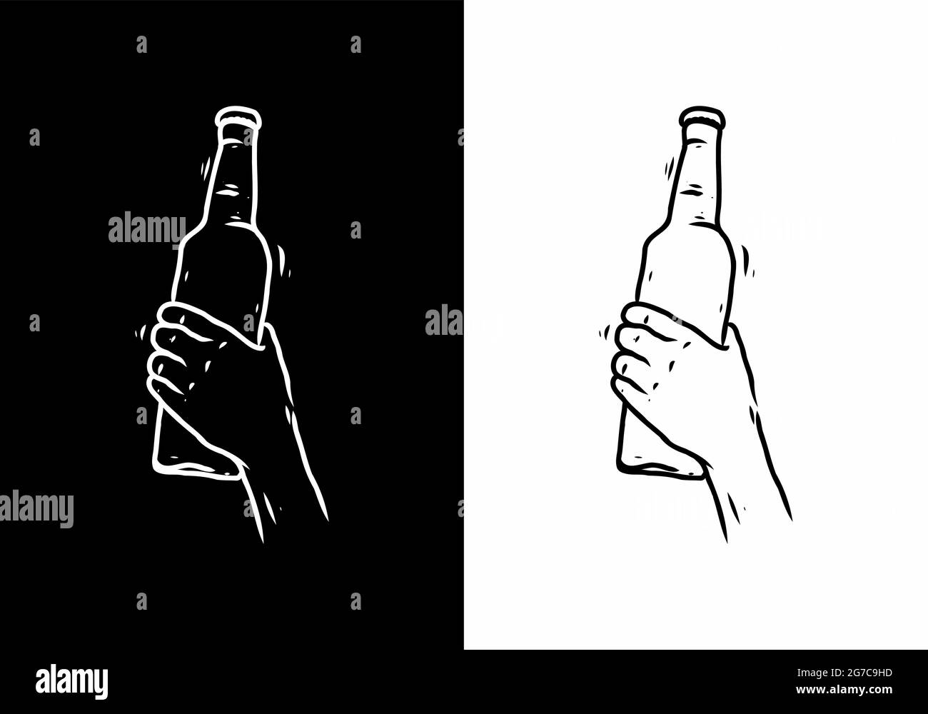 Schwarz-weiße Linienkunst Zeichnung von Hand halten Flasche Design Stock Vektor