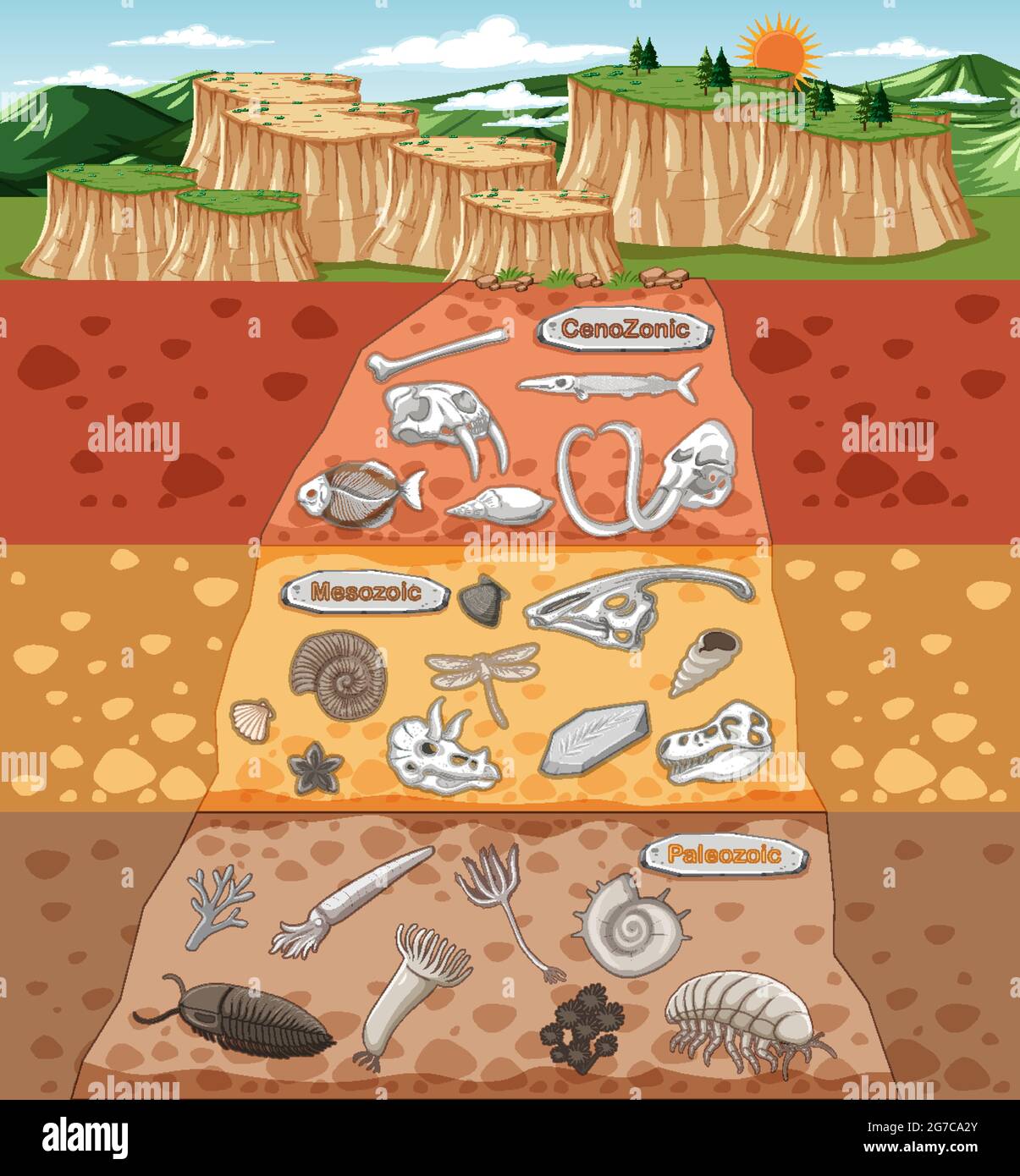 Szene mit verschiedenen Tieren Knochen und Dinosaurier Fossilien in