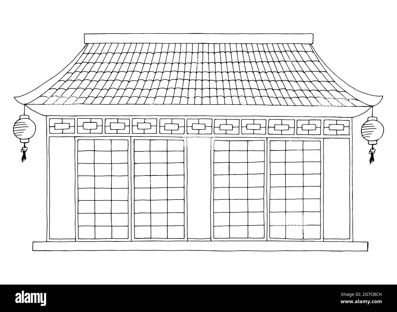 Japan Haus Gebäude außen Grafik schwarz weiß isoliert Skizze Illustration Vektor Stock Vektor