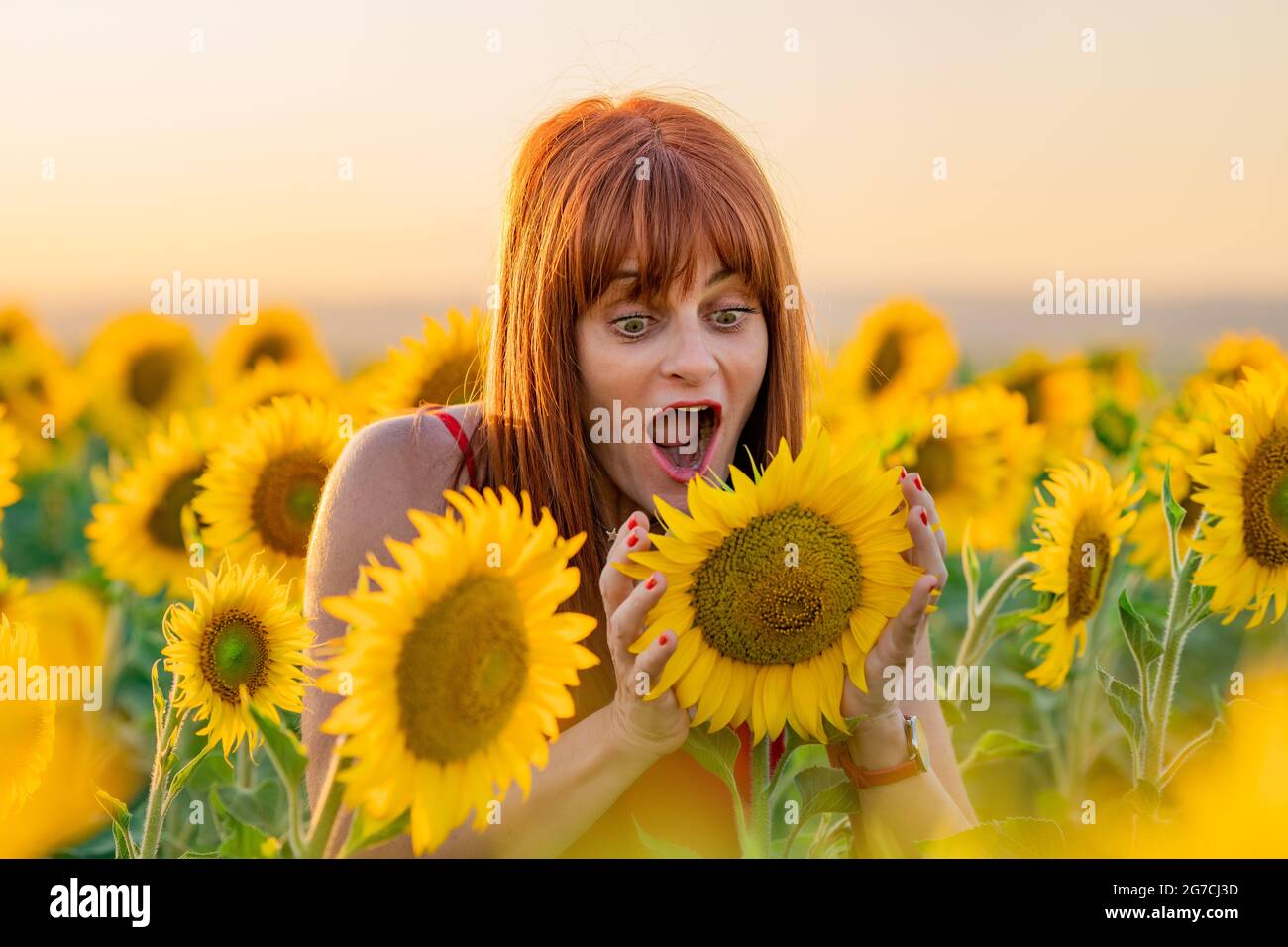 Ausdrucksstarke Frau im Sonnenblumenfeld Stockfoto