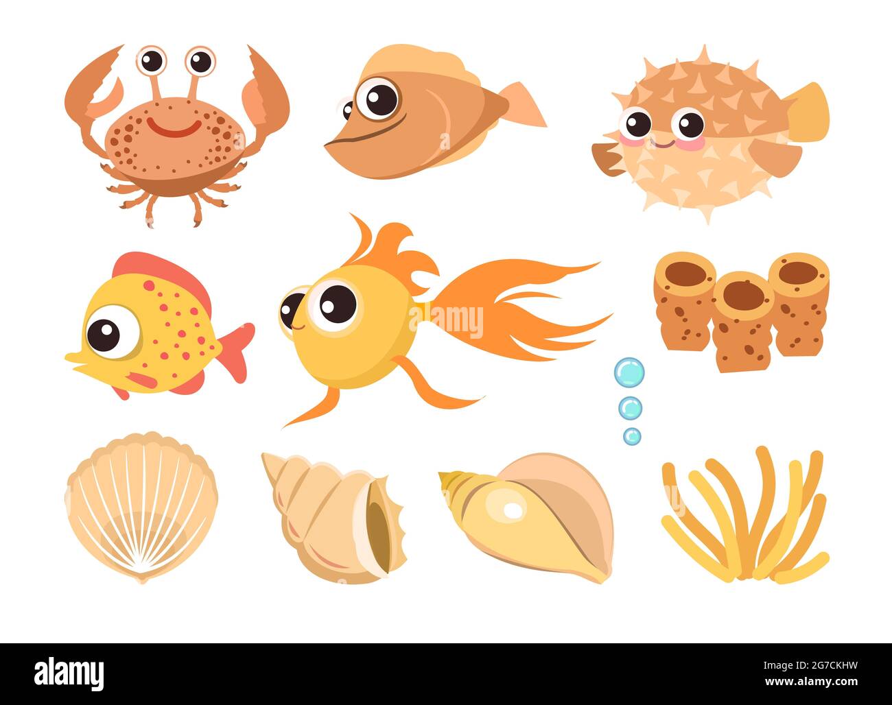Set von Meeresobjekten: Krabben, Fische, Kugelfische, Muscheln, Korallen und Blasen. Unterwasserwelt. Aquarium oder Meer. Sommerwasser. Stockfoto