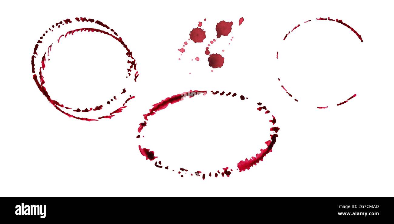Vektor Aquarell Runde Rotweinflecken, Tropfen, Spritzer, verschüttete Glasflecken, Symbole. Vektorgrafik Stock Vektor