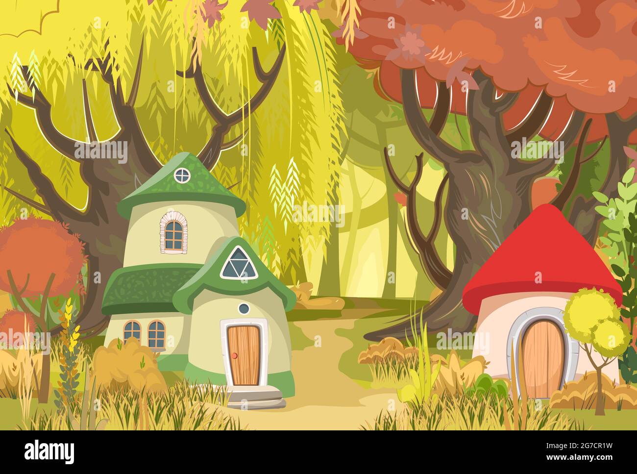 Märchenhafte Häuser vor dem Hintergrund einer Waldlandschaft. Eine Lichtung und ein Pfad zwischen den Bäumen. Ländliche Dorfszene in Vororten. Flacher Cartoon-Stil Stockfoto