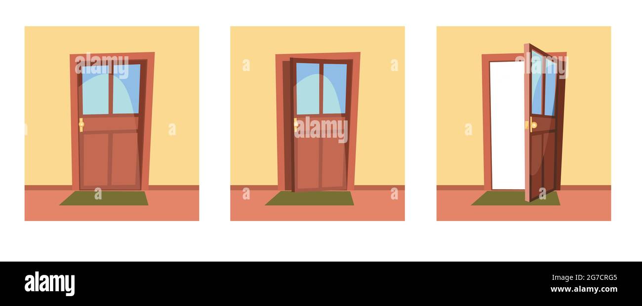 Türensatz. Offen, halb ajar und verschlossen. Von der Innenseite des Raumes zu Hause. Gelbe Wand. Der Weg ist offen. Cartoon-Stil. Vektor Stock Vektor