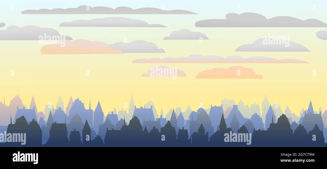Kleine Stadt Straßen Silhouette. Dächer von Häusern. Landschaft auf dem Land. Flacher Cartoon-Stil. Nahtlose Illustration. Vektorgrafik Stock Vektor