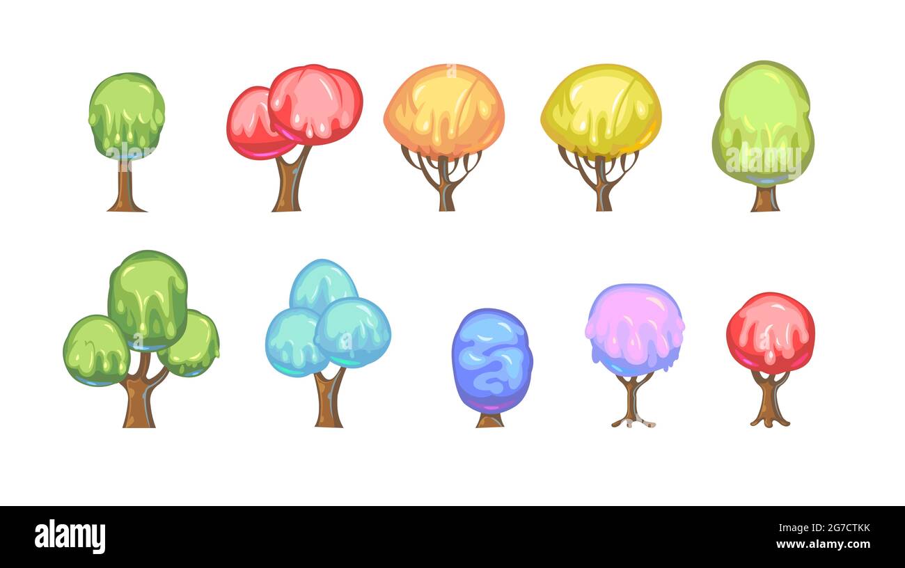 Set von fabelhaften süßen Bäumen. Für Landschaften mit mehrfarbigem Karamell, Eis oder Gelee. Schweiß. Kinder Spaß Illustration. Cartoon-Stil Stock Vektor