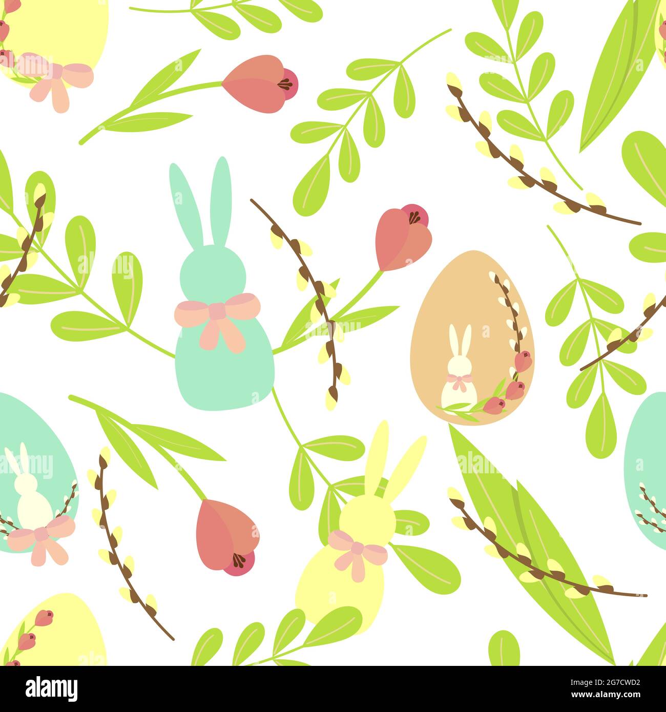 Osterurlaub Muster mit Eiern, Kaninchen, Blumen, Weide für Ihr Design Stock Vektor