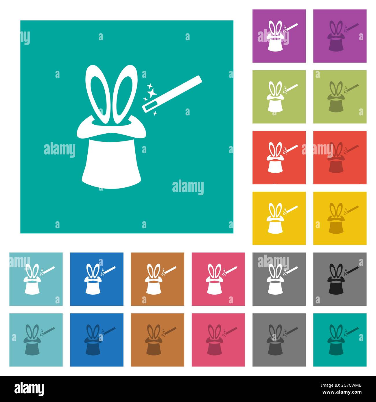 Zauberhut mit Hasenohren mehrfarbige flache Symbole auf schlichten quadratischen Hintergründen. Weiße und dunklere Symbolvarianten für schwebe- oder aktive Effekte. Stock Vektor