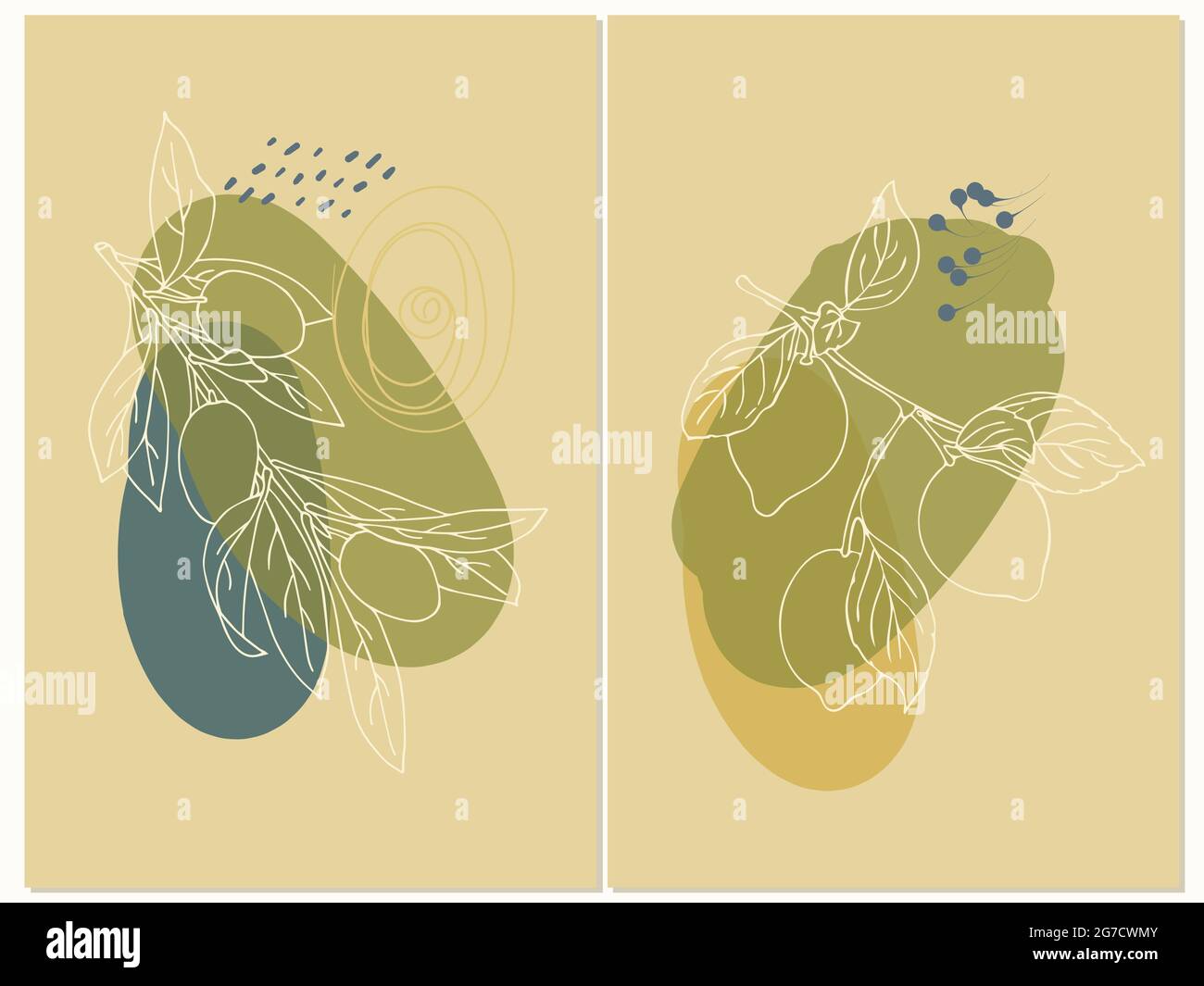 Abstraktes botanisches Wandkunst-Vektor-Set. Zitrone und Oliven kritzeln. Gezeichnete Linienkunst mit abstrakter Form. Abstraktes Plant Art Design für Print. Vektorgrafik Stock Vektor