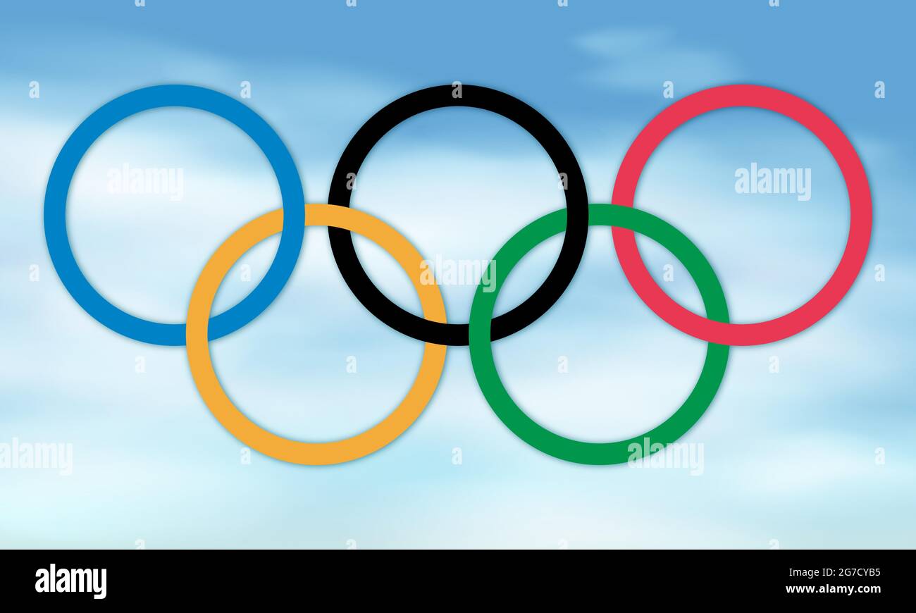 Das fünf-Ring-Symbol der Olympischen Spiele vor strahlend blauem Himmel Stock Vektor
