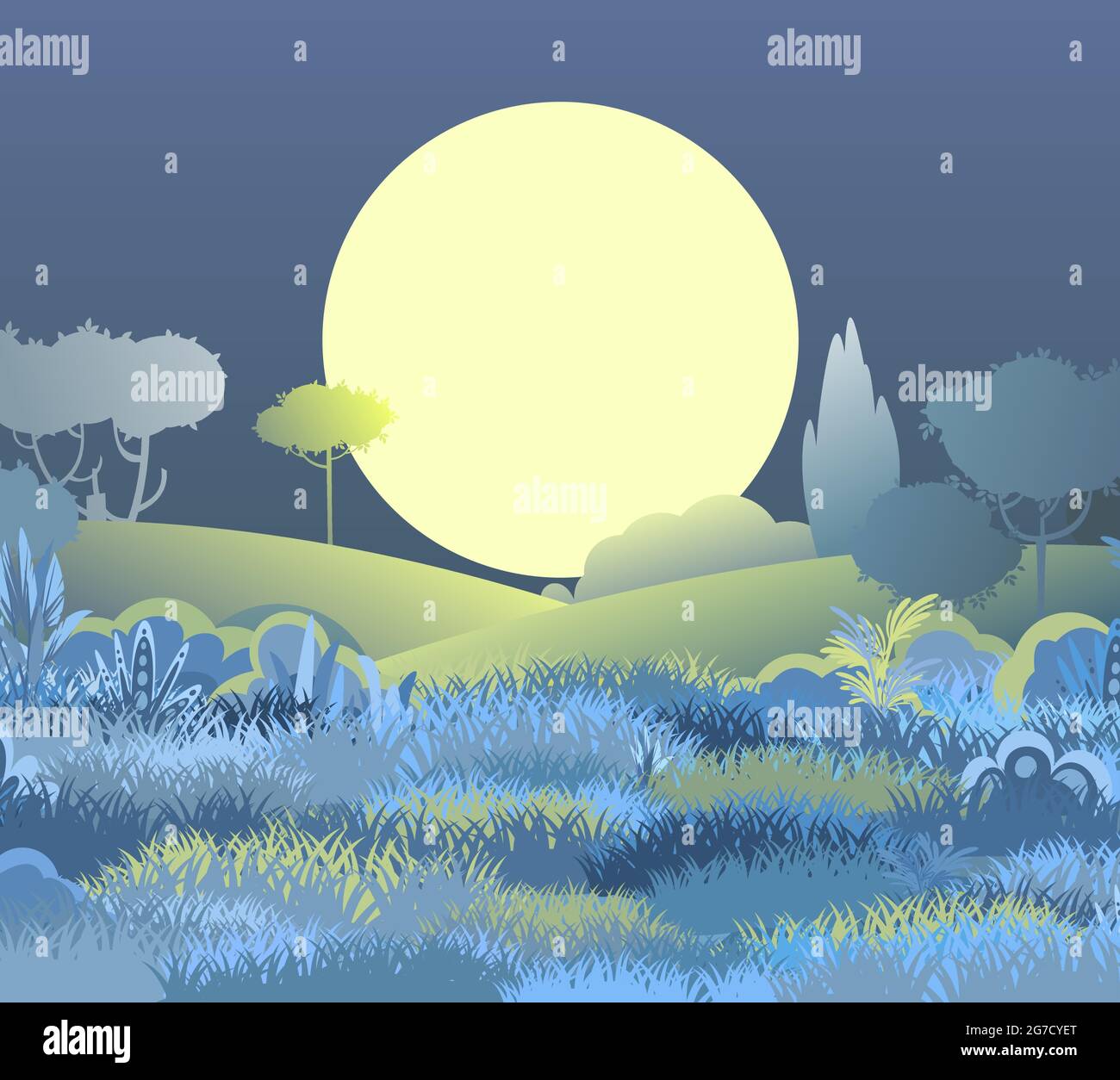 Nacht schöne ländliche Landschaft. Cartoon-Stil. Hügel mit Gras und dunklen Bäumen. Großer Mond und Mondschein. Saftige Wiesen. Flache Abbildung Stock Vektor