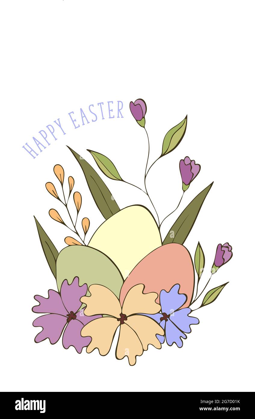 Vektorpostkarte, Hintergrund, Banner für den Osterurlaub mit Eiern und Blumen, mit der Inschrift. Kritzelnd, farbig. Vektorgrafik Stock Vektor