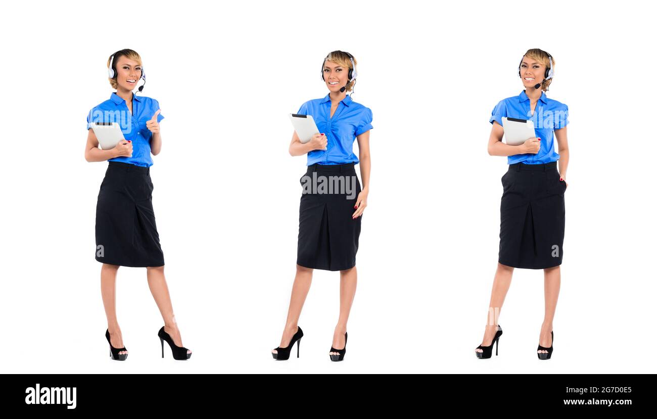 Asiatische call Center Agent, professionelle Frauen, Compositing von drei Szenen, auf weißem Hintergrund Stockfoto