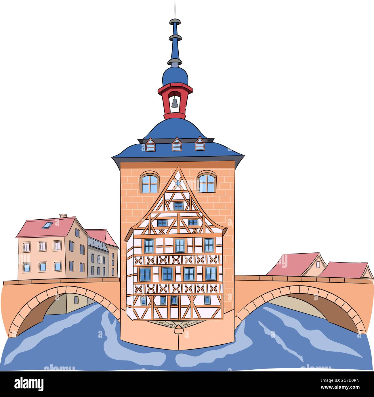 Das Gebäude des alten mittelalterlichen Rathauses auf der Brücke über den Fluss. Bamberg. Bayern Deutschland. Stock Vektor