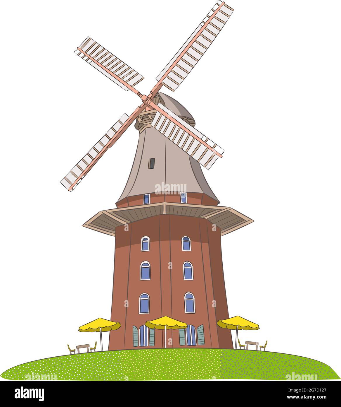 Traditionelle Windmühle auf einem grünen Hügel in der Stadt Bremen. Deutschland. Stock Vektor