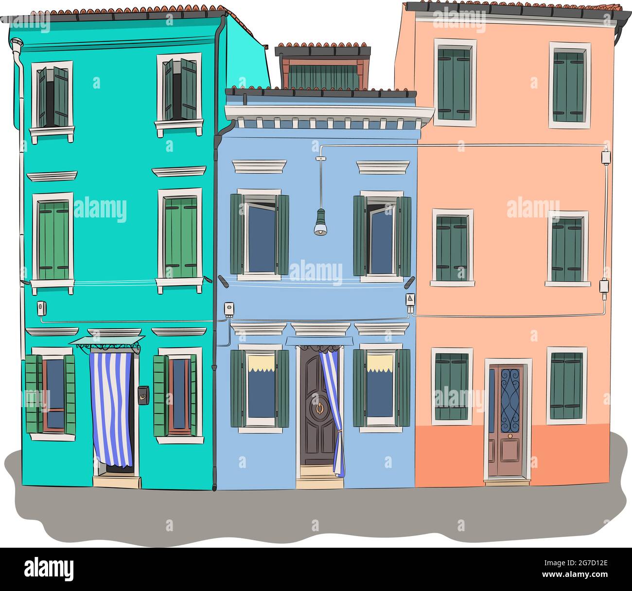Farbenfrohe, helle Fassaden traditioneller Häuser auf der Insel Burano. Venedig. Italien. Stock Vektor