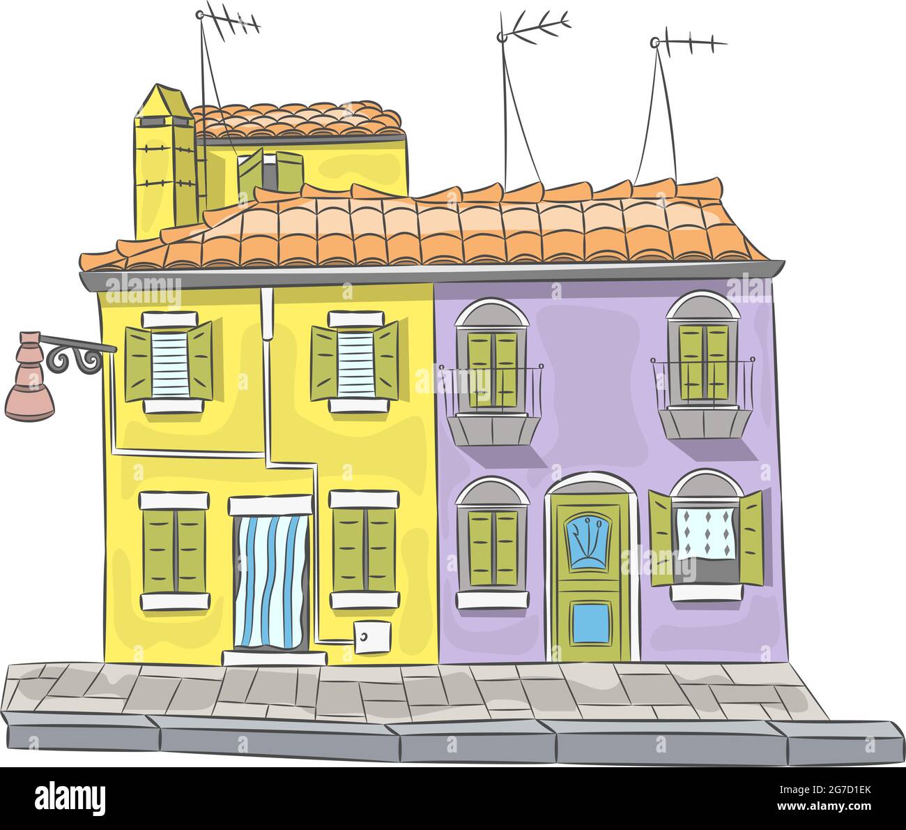Vektor-Illustration von mehrfarbigen Fassaden von alten Häusern auf der Insel Burano. Venedig. Italien. Stock Vektor