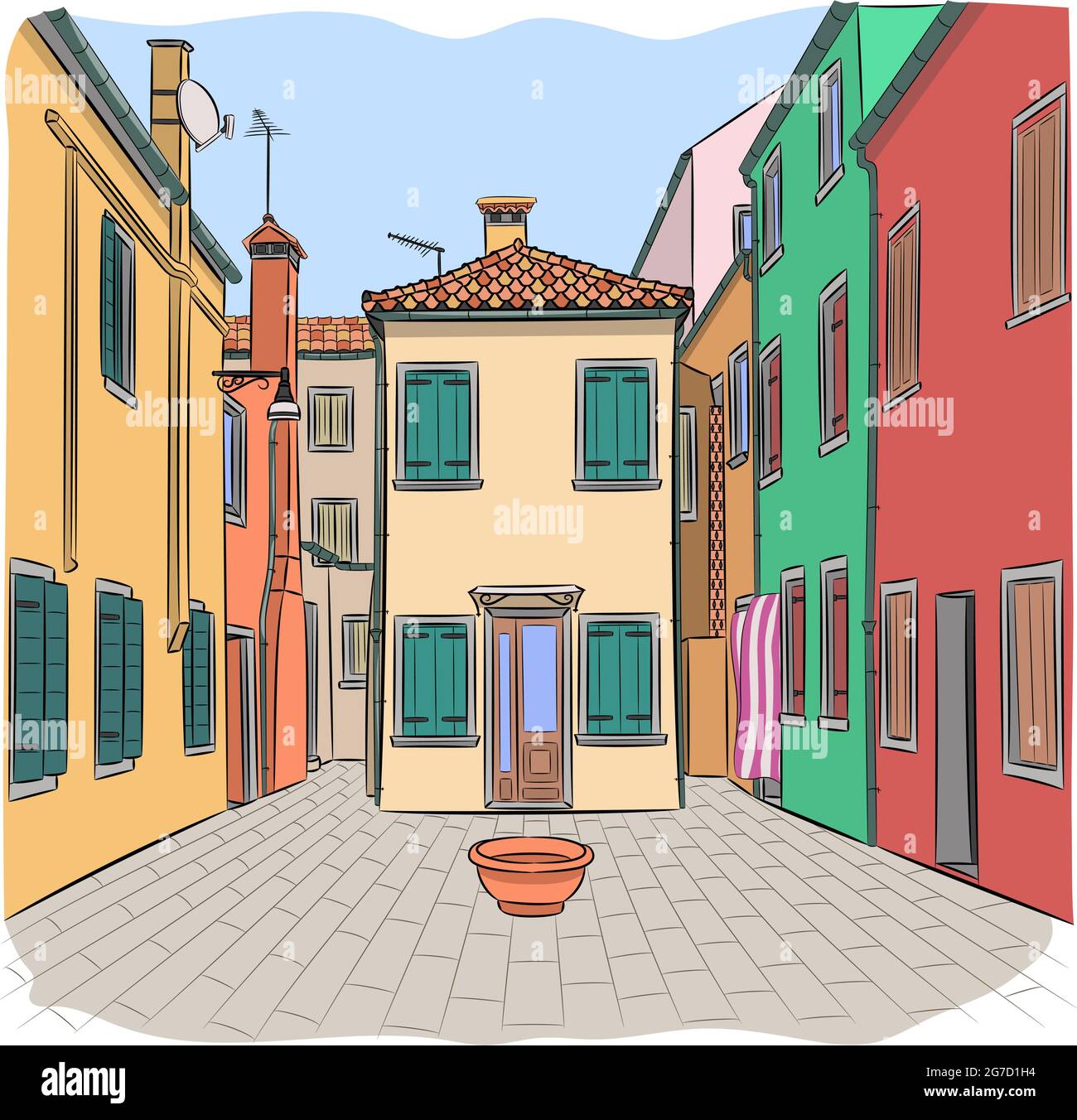 Bunte Häuserfassaden und ein traditioneller Innenhof auf der Insel Burano. Venedig. Italien. Stock Vektor