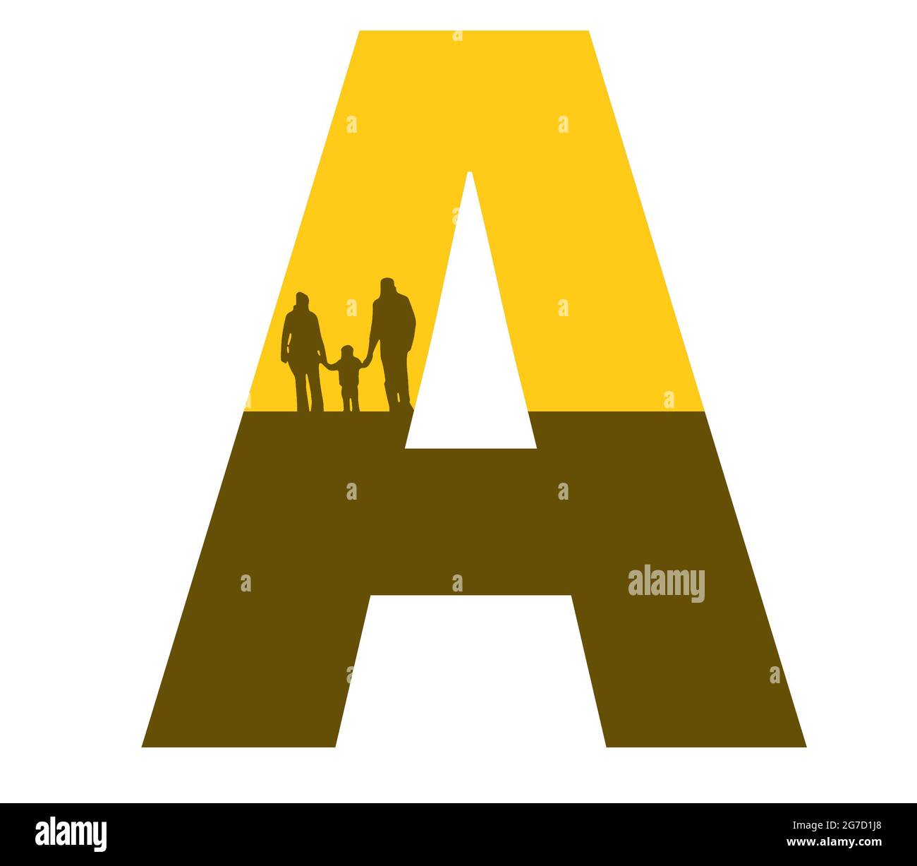 Buchstabe A des Alphabets mit einer Silhouette einer Familie, eines Vaters, einer Mutter und eines Kindes in der Farbe Ocker und Braun Stockfoto