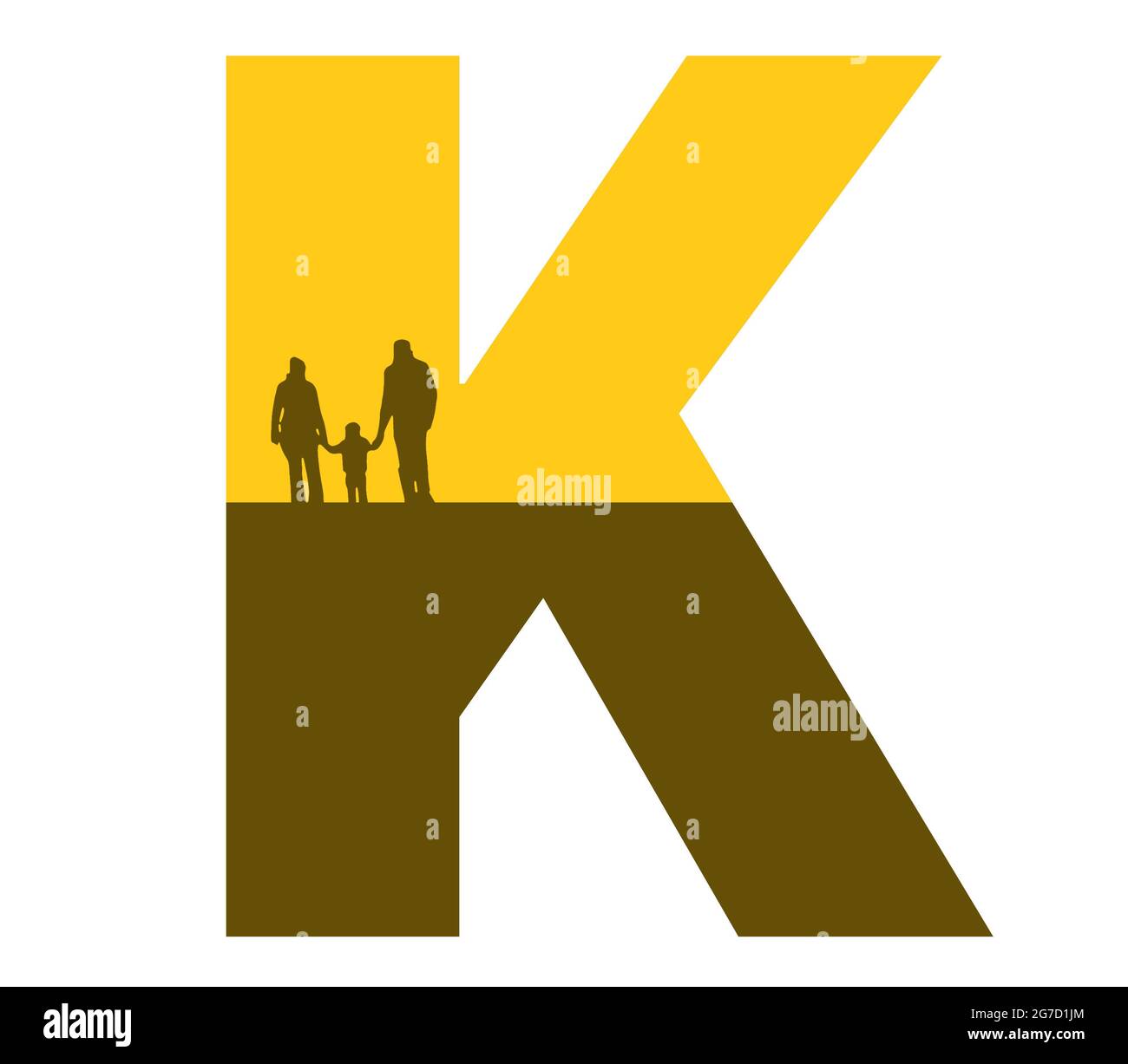 Buchstabe K des Alphabets mit einer Silhouette einer Familie, eines Vaters, einer Mutter und eines Kindes in der Farbe Ocker und Braun Stockfoto