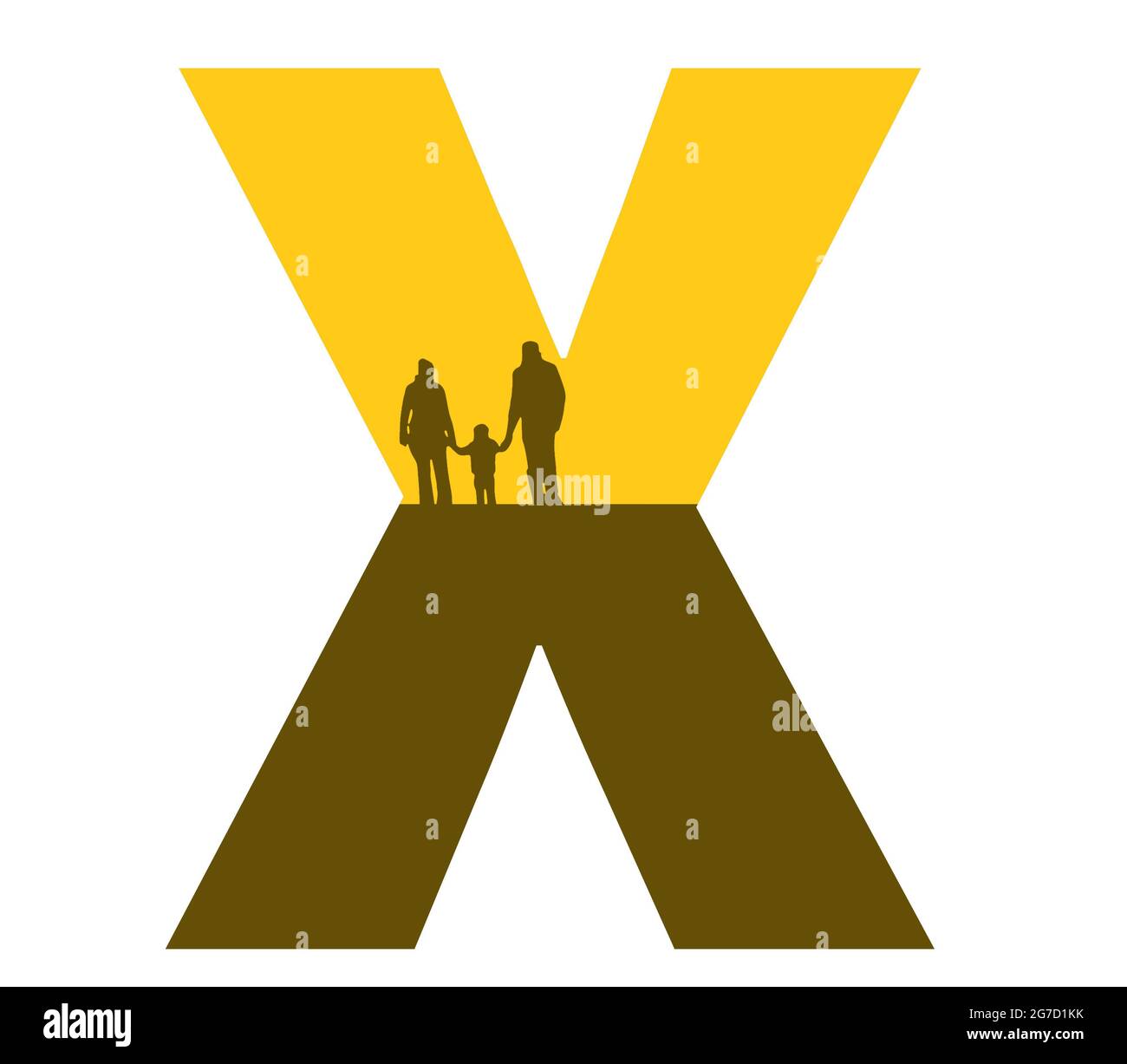 Buchstabe X des Alphabets mit einer Silhouette einer Familie, eines Vaters, einer Mutter und eines Kindes in der Farbe Ocker und Braun Stockfoto