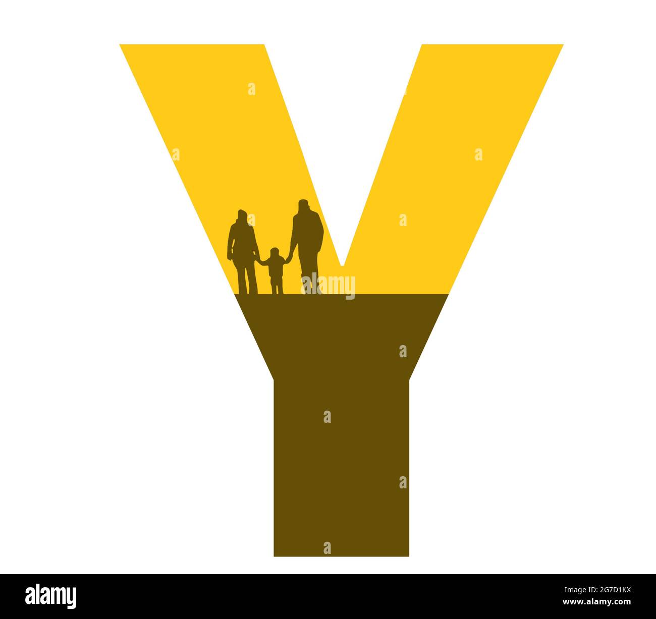 Buchstabe Y des Alphabets mit einer Silhouette einer Familie, eines Vaters, einer Mutter und eines Kindes in der Farbe Ocker und Braun Stockfoto