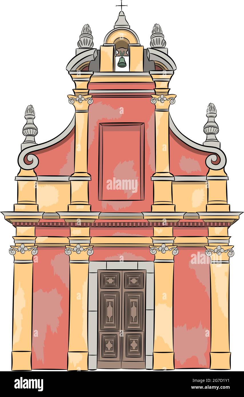 Vektor-Illustration einer kleinen katholischen Steinkapelle mit einem Glockenturm. Menton. Frankreich. Stock Vektor