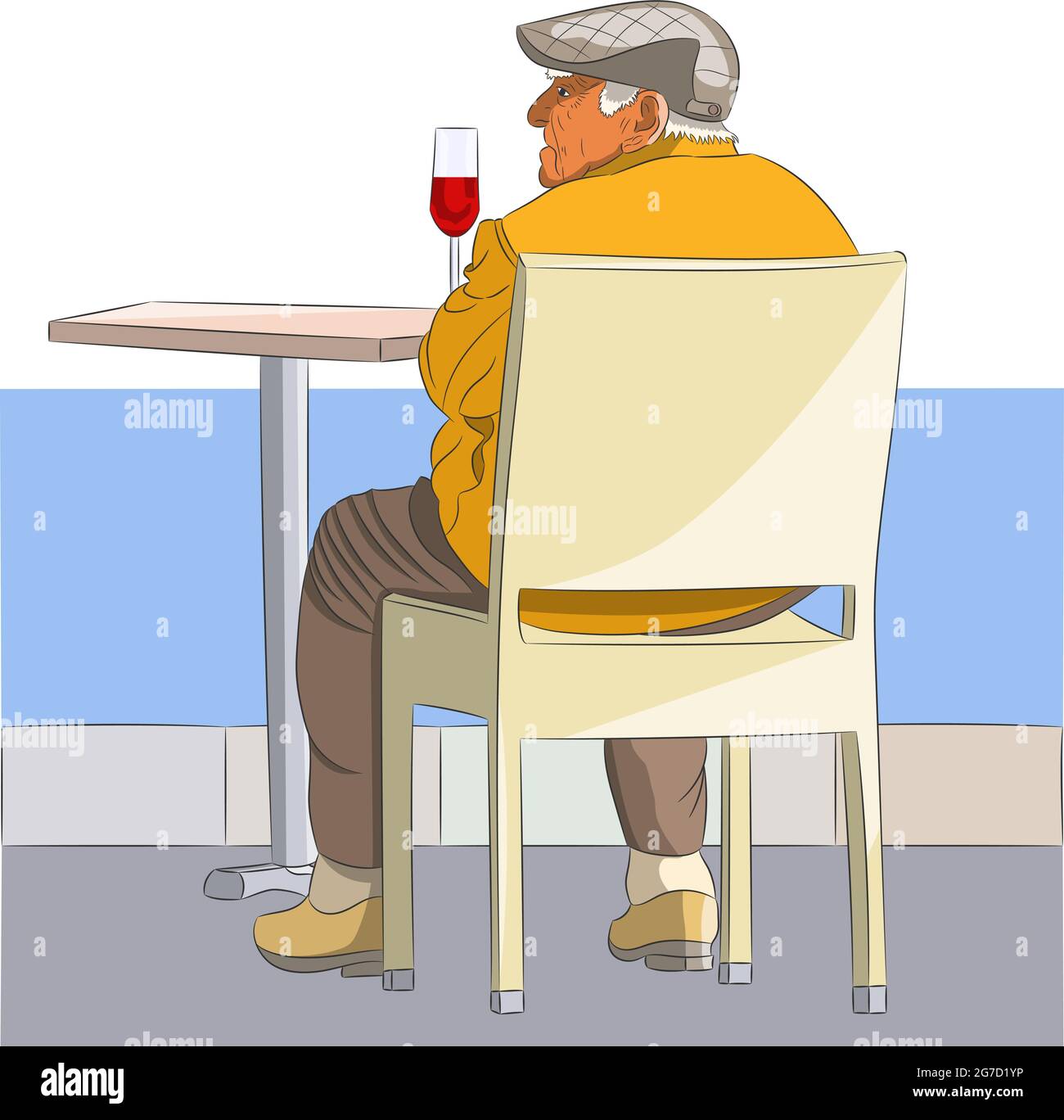 Ein alter Mann, der an einem Tisch mit einem Glas Wein an der Küste sitzt. Stock Vektor