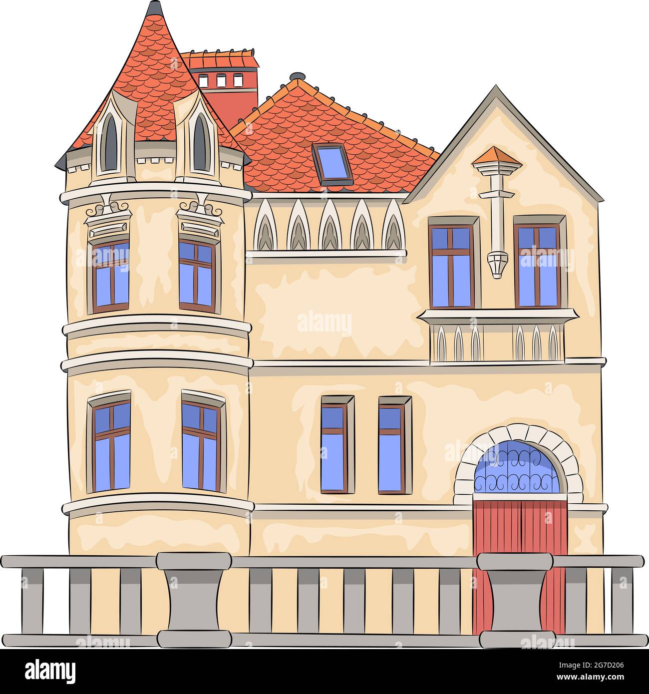 Gemütliches altes Steinhaus mit rotem Ziegeldach und Kamin. Stock Vektor