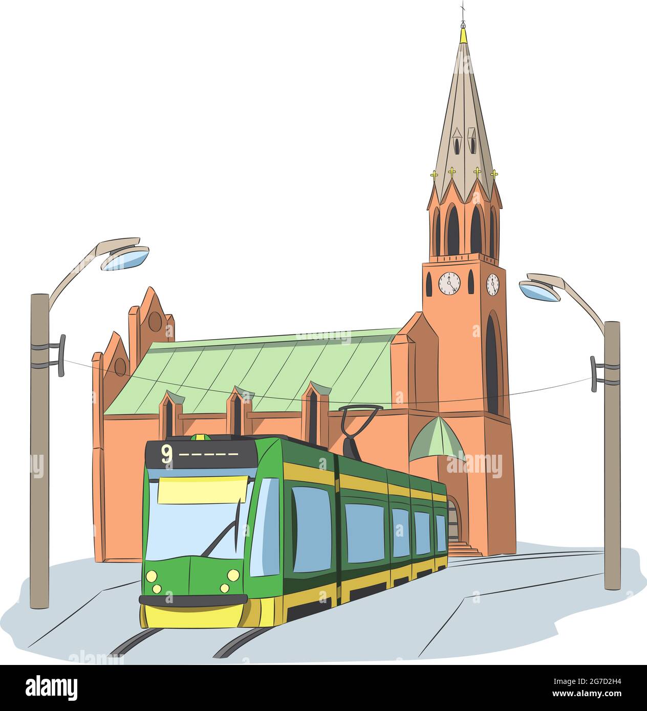 Stadtbahn auf dem Hintergrund der Kirche in der Stadt Posen. Polen. Stock Vektor