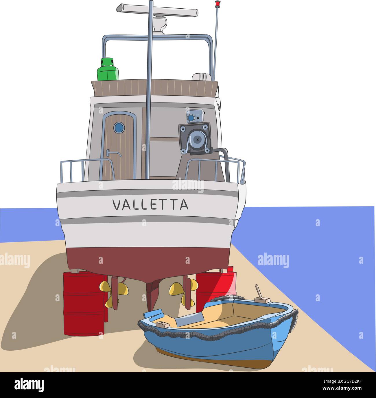 Ein Fischerboot auf roten Fässern und ein blaues Ruderboot auf dem Valletta Damm. Vektorgrafik. Stock Vektor