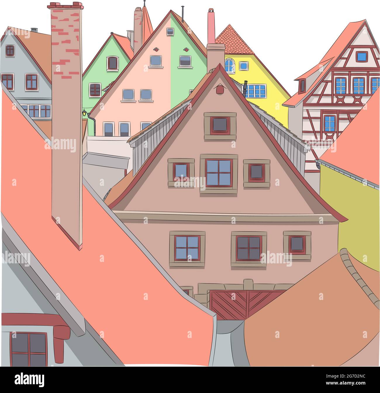 Bunte Fassaden alter mittelalterlicher Häuser in Rothenburg ob der Tauber. Deutschland. Bayern Stock Vektor