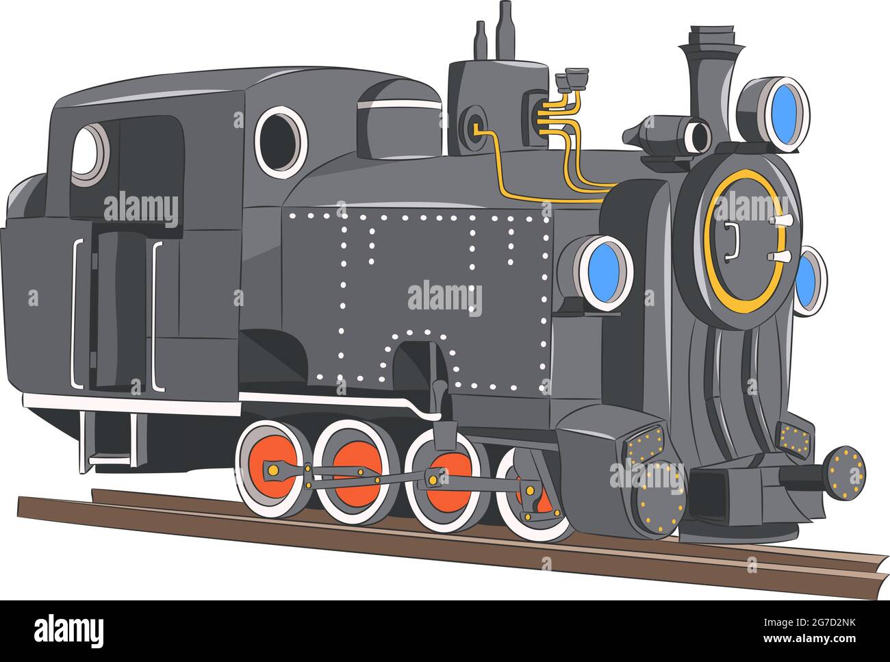 Alte schwarze Dampflokomotive auf Schienen isoliert auf weißem Hintergrund. Stock Vektor