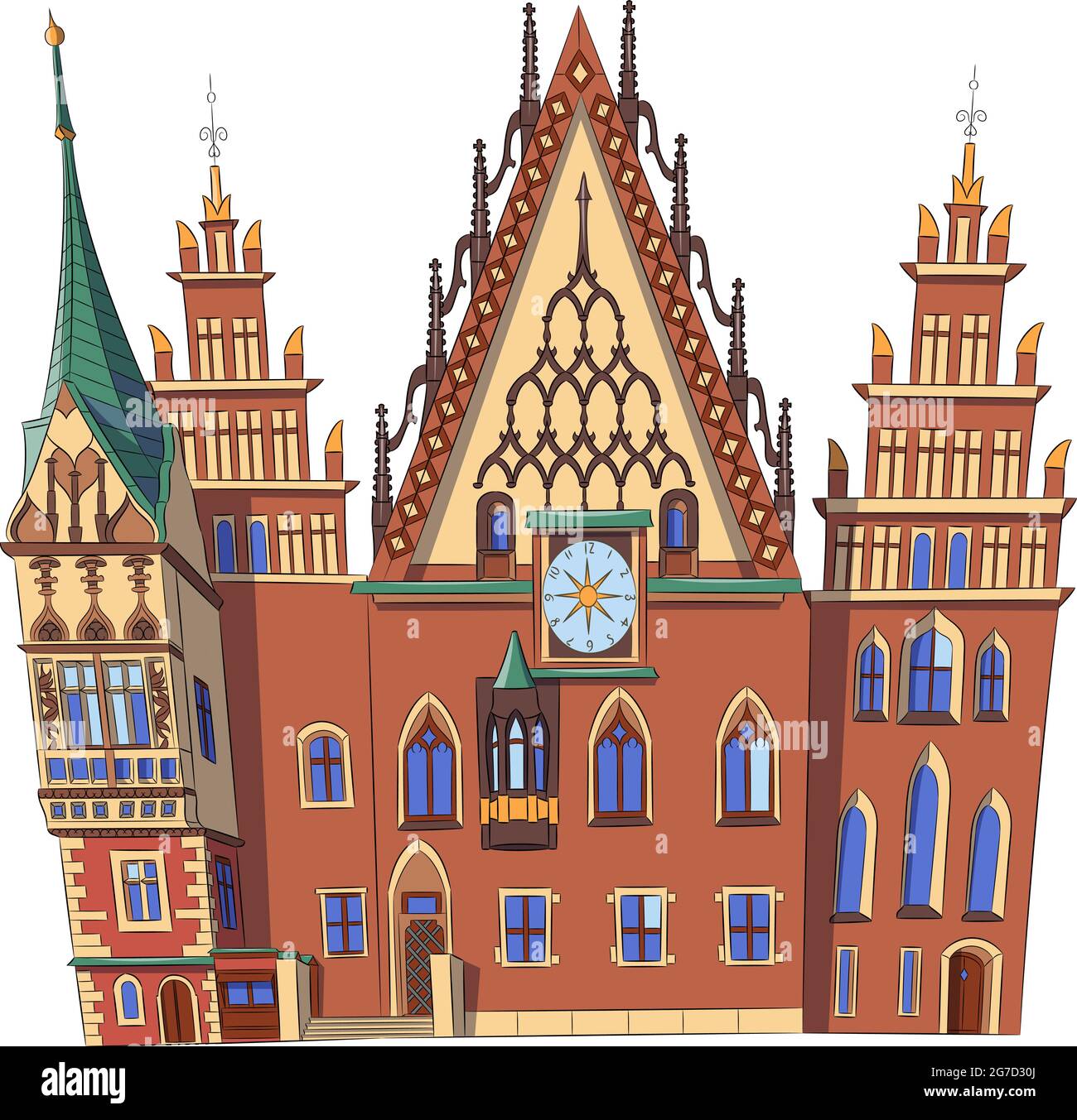 Schönes mittelalterliches altes Rathaus auf dem Marktplatz. Polen. Breslau. Vektorgrafik. Stock Vektor