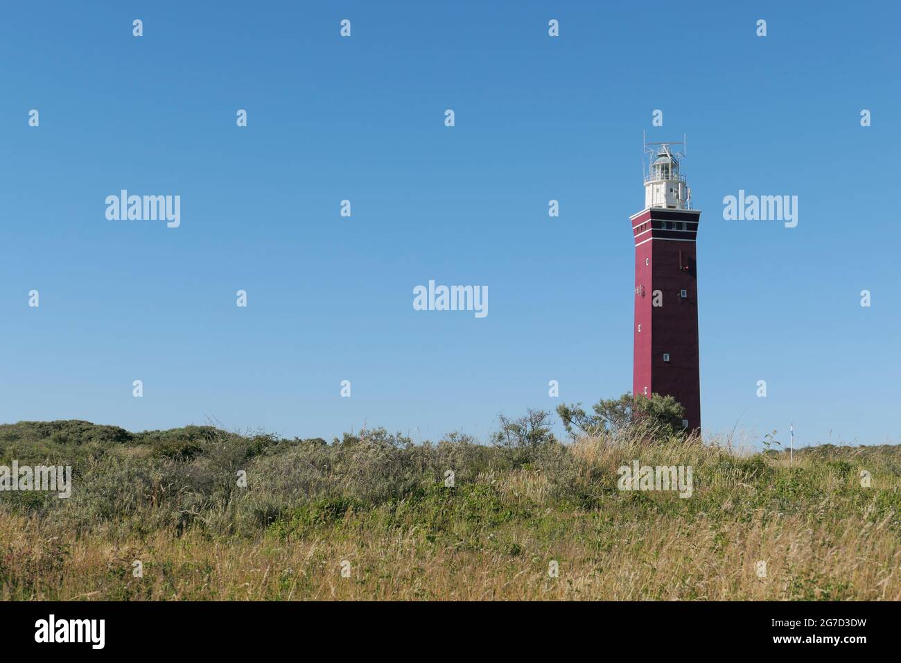 Der Westhoofd (West Head) Leuchtturm in der Nähe von Ouddorp, Niederlande, liegt in einer Sanddünenlandschaft, gesehen gegen einen klaren blauen Himmel. Stockfoto