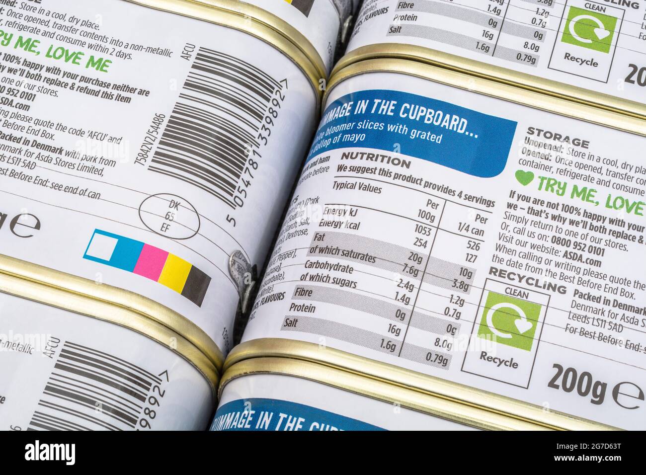 Close shot of Food Nutrition Label on a can of Dosened chabopped Schweinefleisch and Schinken Luncheon Fleisch & Recycling information + CMMK Color bar. Für fettreiche Lebensmittel Stockfoto