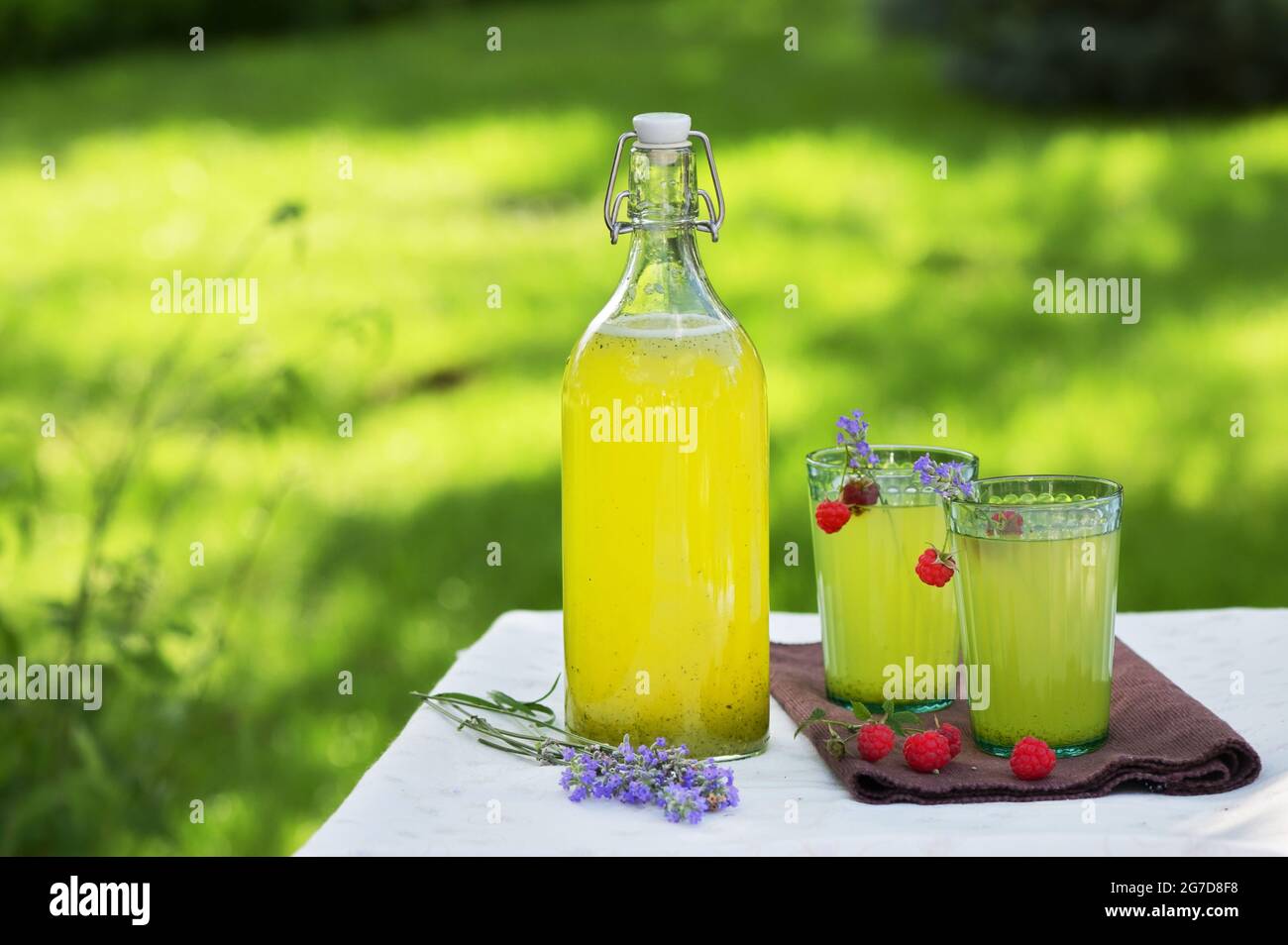 Hausgemachte Limonade in Gläsern, Himbeer- und Lavendelgeschmack Stockfoto