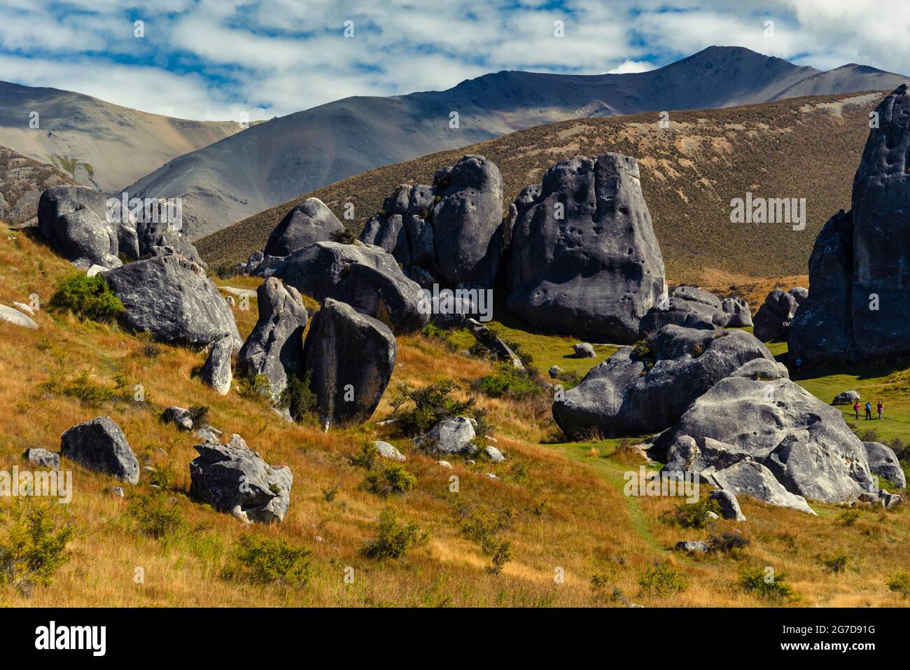 Atemberaubende Felsbrocken auf Castle Hill, Neuseeland. Blauer, wolkig bewachsener Himmel, goldenes Grasland, die Berge der südlichen alpen umraenkend. Arthur's Pass Stockfoto