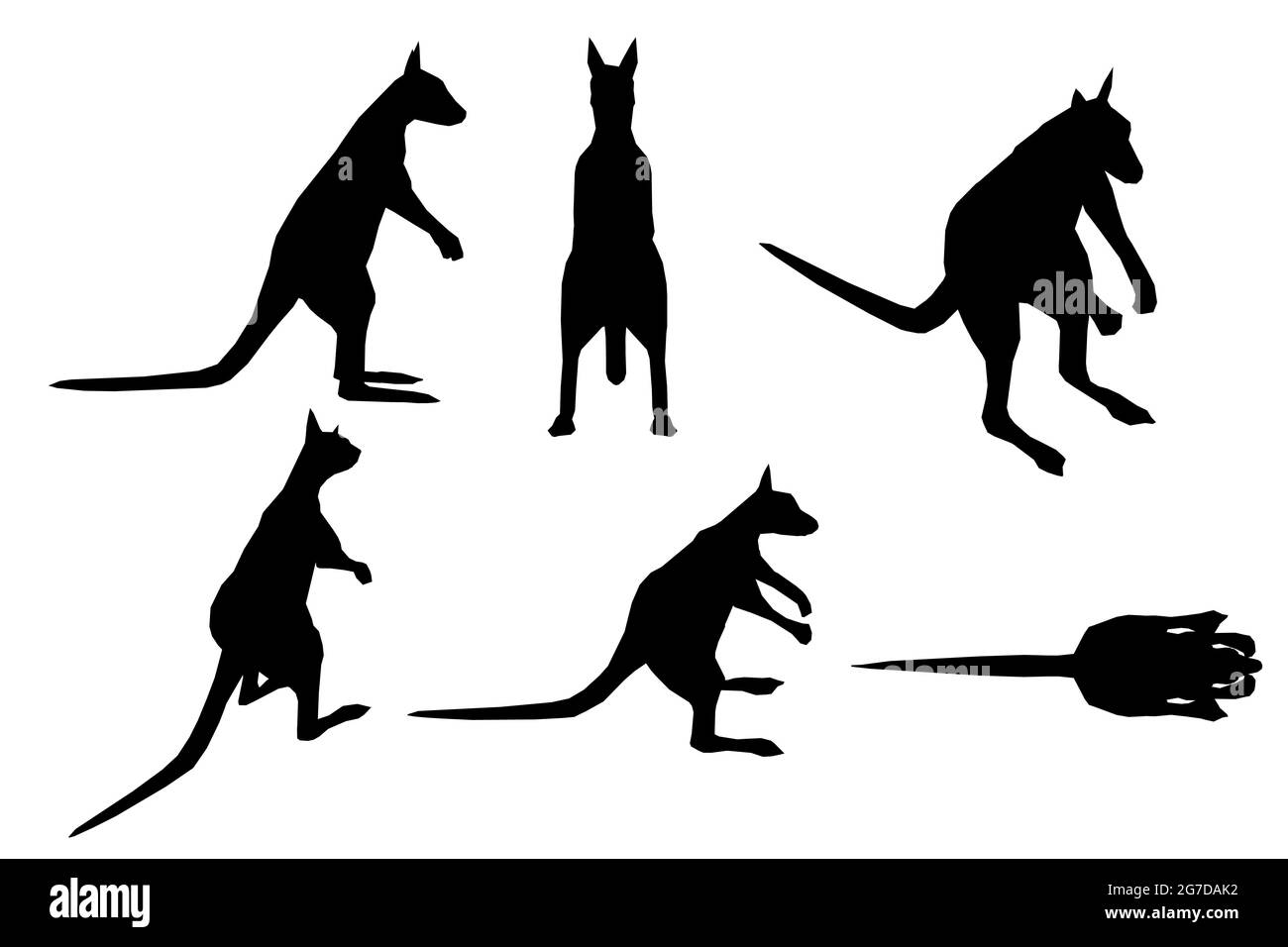 Set mit Silhouetten von Kängurus in verschiedenen Positionen isoliert auf weißem Hintergrund. Vektorgrafik. Stock Vektor
