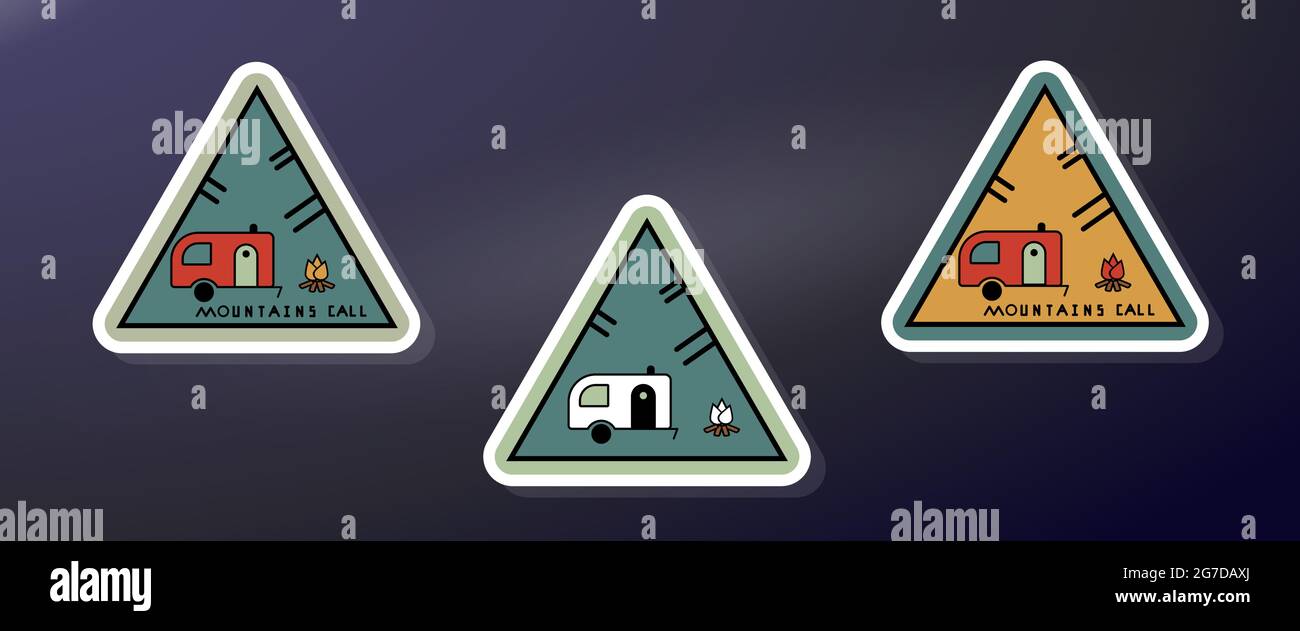 Dreieckige Anhänger Aufkleber. Symbol der Berge, Campingreisen. Camper und Lagerfeuer. Vektor-Illustration für Outdoor-Aufkleber, Stickerei, par Stock Vektor