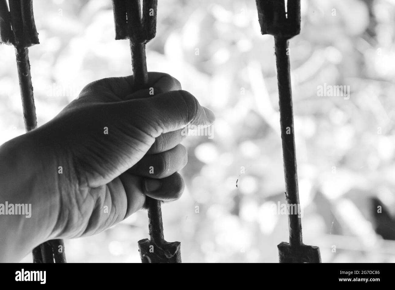 Eine Hand, die einen Fenstergrill hält Stockfoto