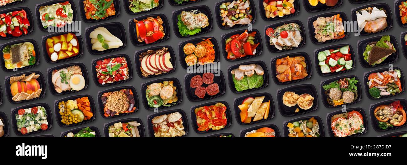 Lieferservice Für Zubereitete Mahlzeiten. Set Aus Schwarzen Plastikbehältern Mit Leckeren Speisen Stockfoto