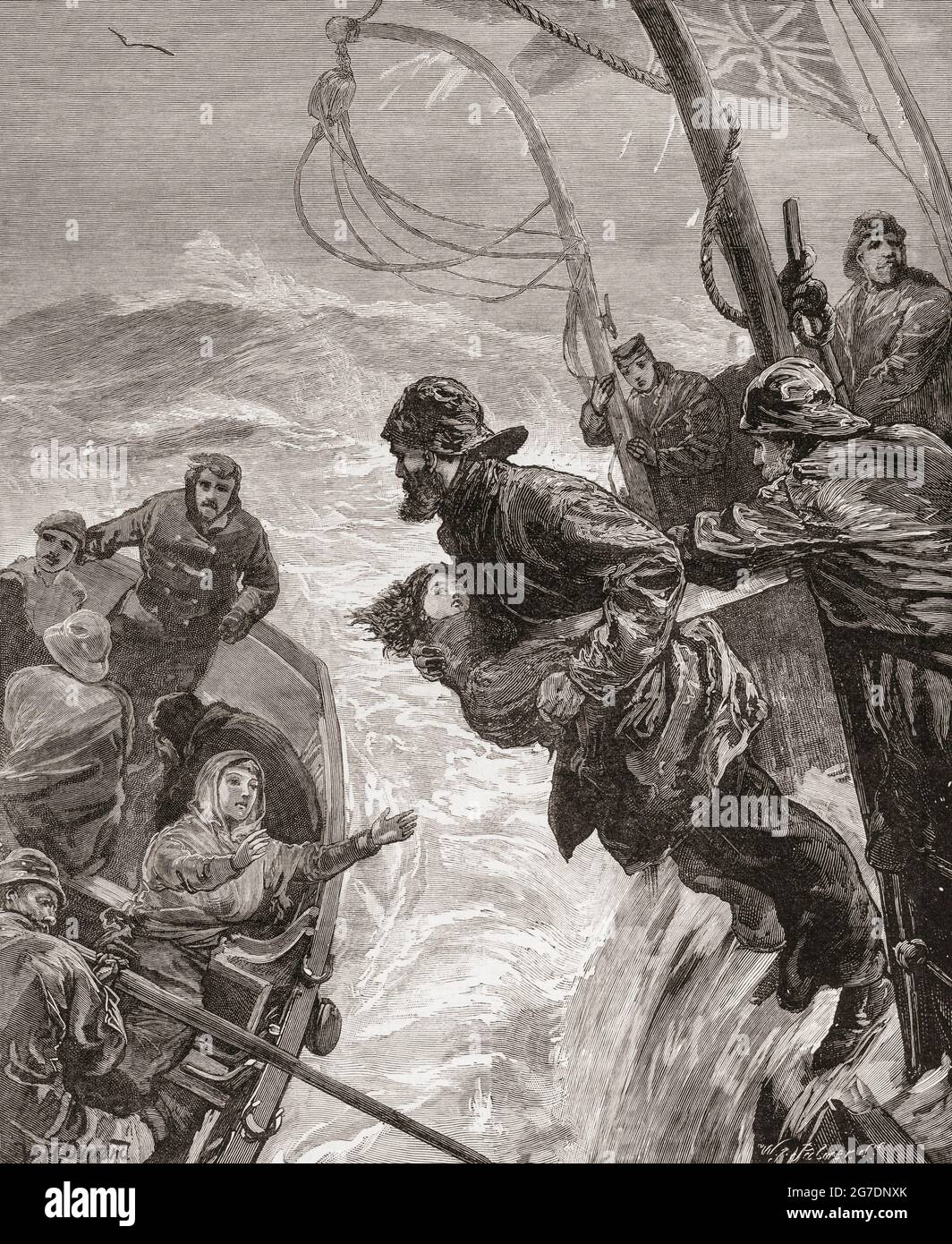 Der Verlust des Dampfschiffs Clan Macduff, das 1881 bei schlechtem Wetter vor Irland sank, mit dem Verlust von 32 Menschenleben. Ein Mitglied der Besatzung versucht, ein Kind auf ihre Mutter zu werfen, die in einem Rettungsboot wartet. Aus der London Illustrated News, veröffentlicht 1881. Stockfoto