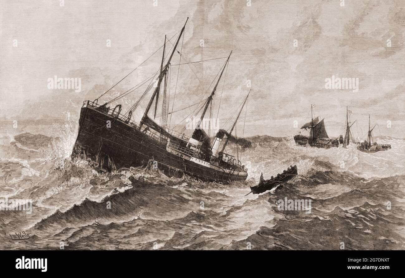 Der Verlust des Dampfschiffs Clan Macduff, das 1881 bei schlechtem Wetter vor Irland sank, mit dem Verlust von 32 Menschenleben, von dem Cork-Liner Upupa gesehen, der zur Rettung kam. Aus der London Illustrated News, veröffentlicht 1881. Stockfoto