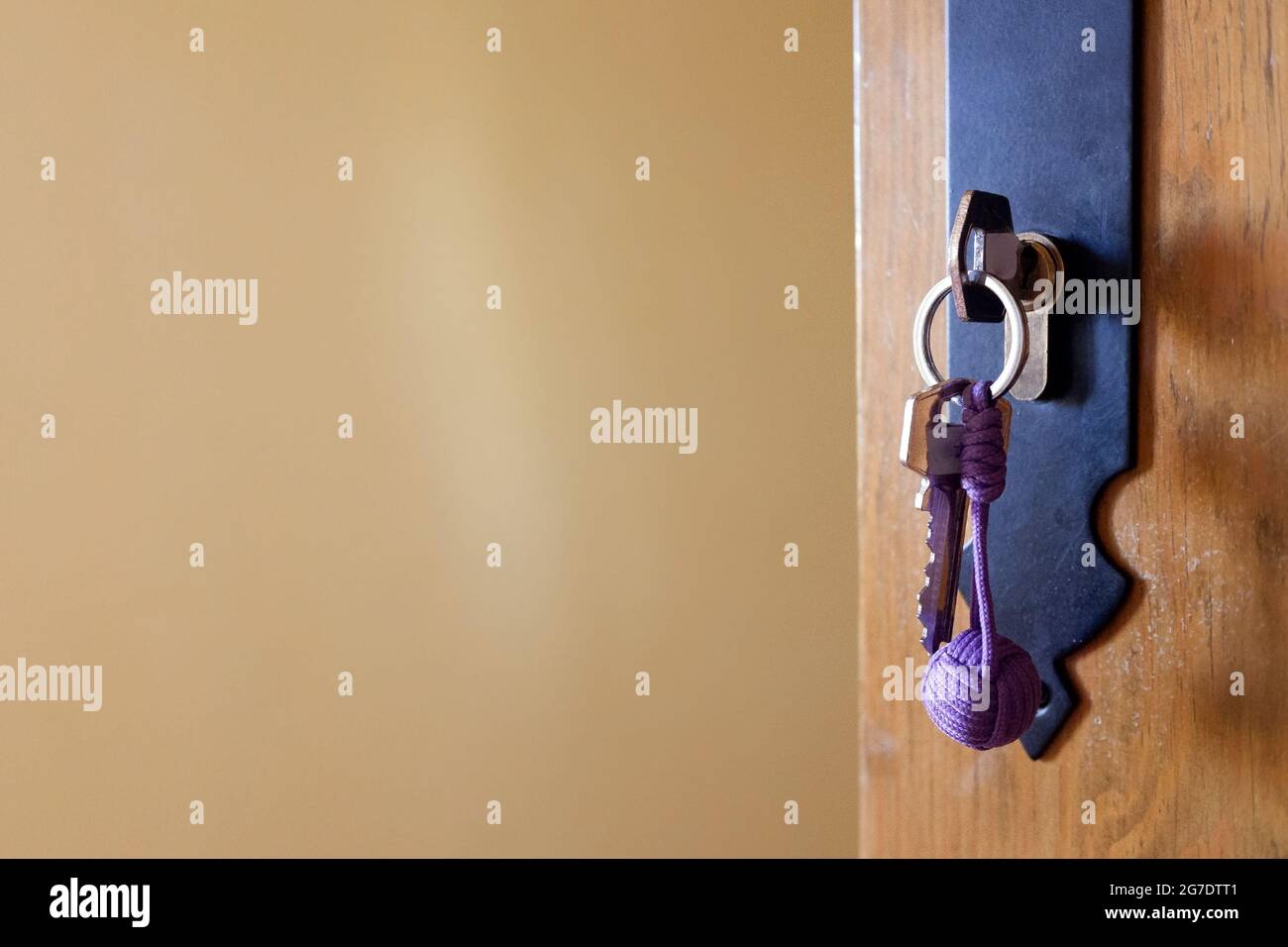Schlüssel in das Schloss einer Tür, die vom Eigentümer einer Ferienwohnung geöffnet wurde. Stockfoto