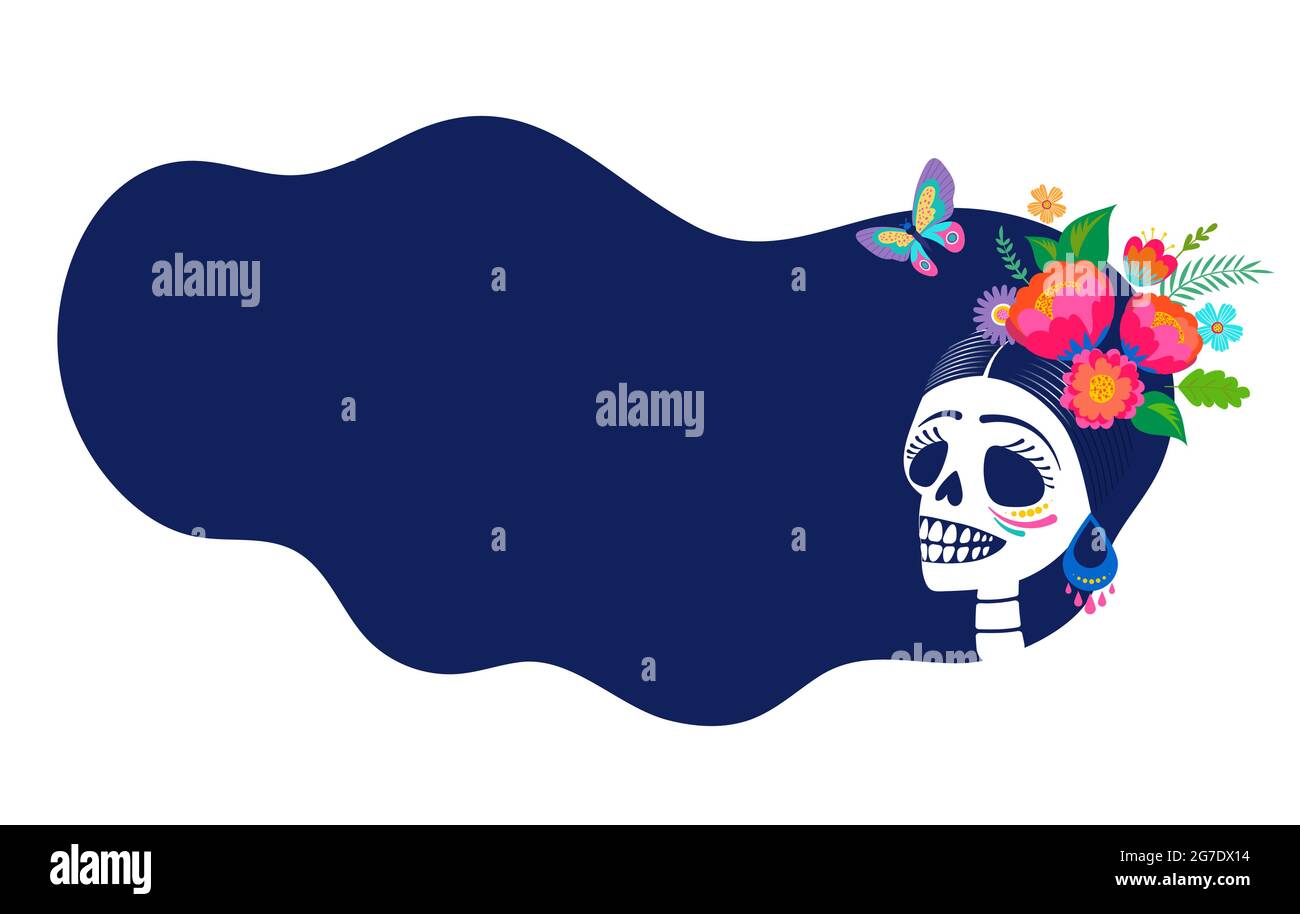 Dia de los muertos, Tag der Toten, mexikanischer Feiertag, Fest. Poster, Banner und Karte mit Zuckerschädel, Frau mit Blumenkrone Stock Vektor