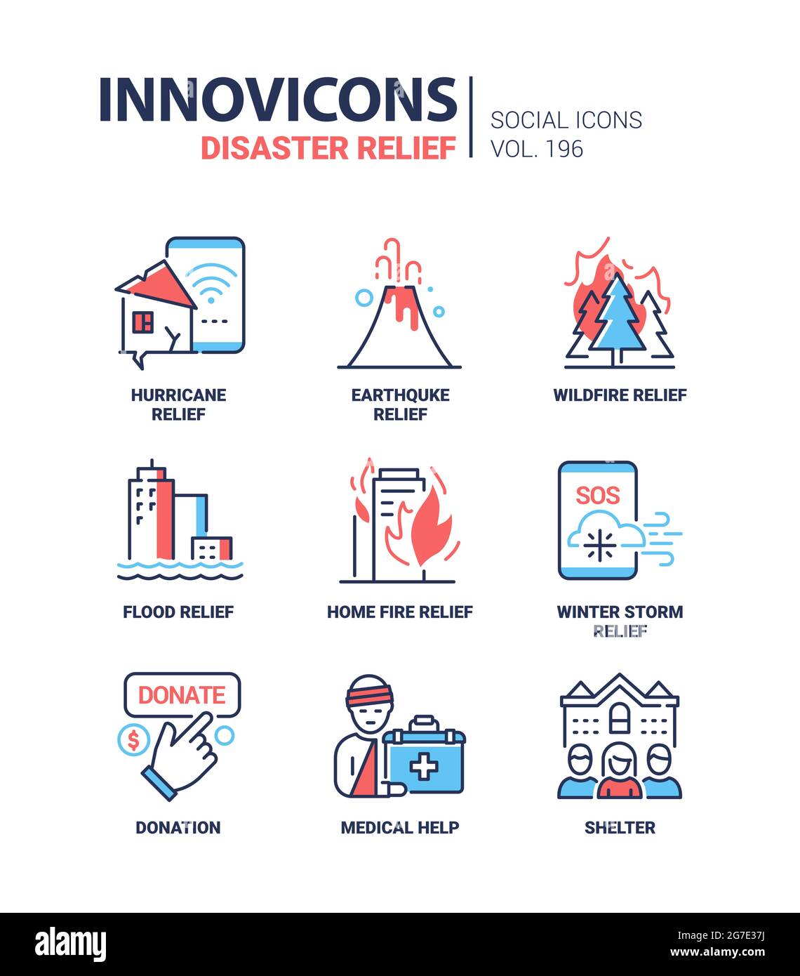 Katastrophenhilfe - moderne bunte Liniendesign-Stil Symbole auf weißem Hintergrund. Unterstützung, Freiwilligenarbeit, Unterkunft, Spende und medizinische Versorgung eingestellt. Hurr Stock Vektor