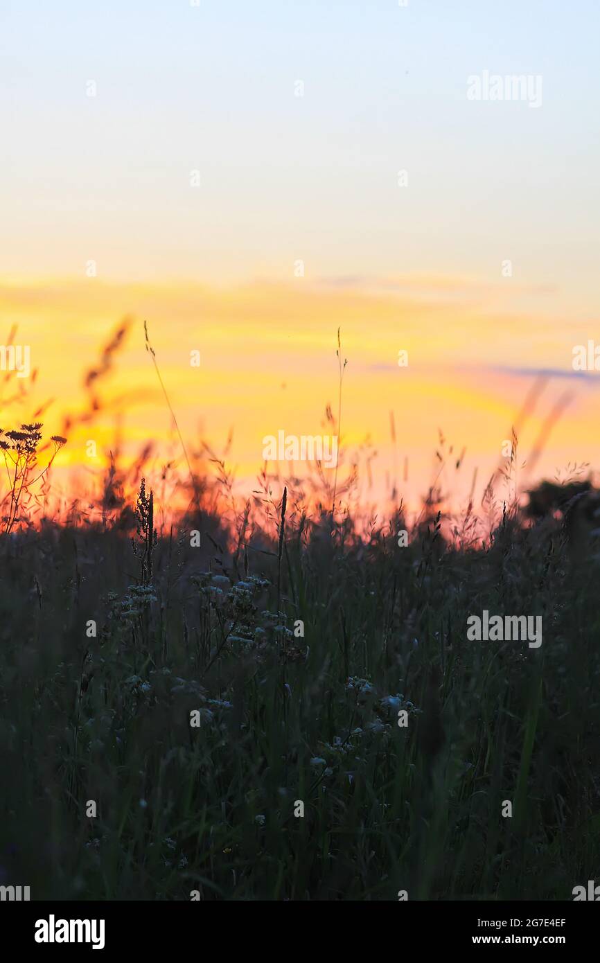 Wunderschöne Wolkenlandschaft mit blauem Himmel und hellen Wolken bei Sonnenuntergang im Sommer. Details des Abends auf dem Land. Stockfoto