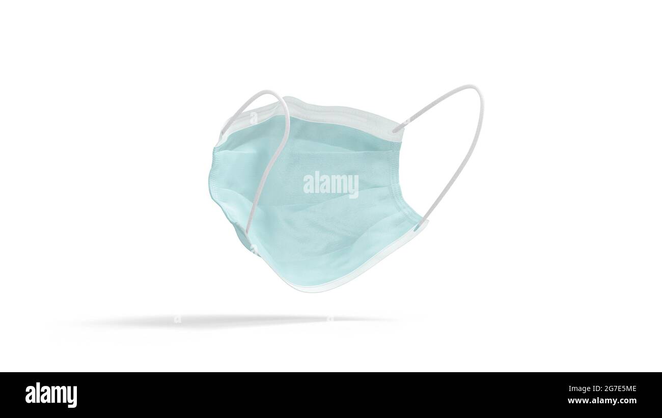 Unbeschriftete blaue medizinische Maske, Mockup, Drehschlaufen, 3d-Rendering. Leerer Einwegfilter für das Modell im Gesundheitswesen, 4k-Video, isoliert. Klare Schutzrespi Stockfoto