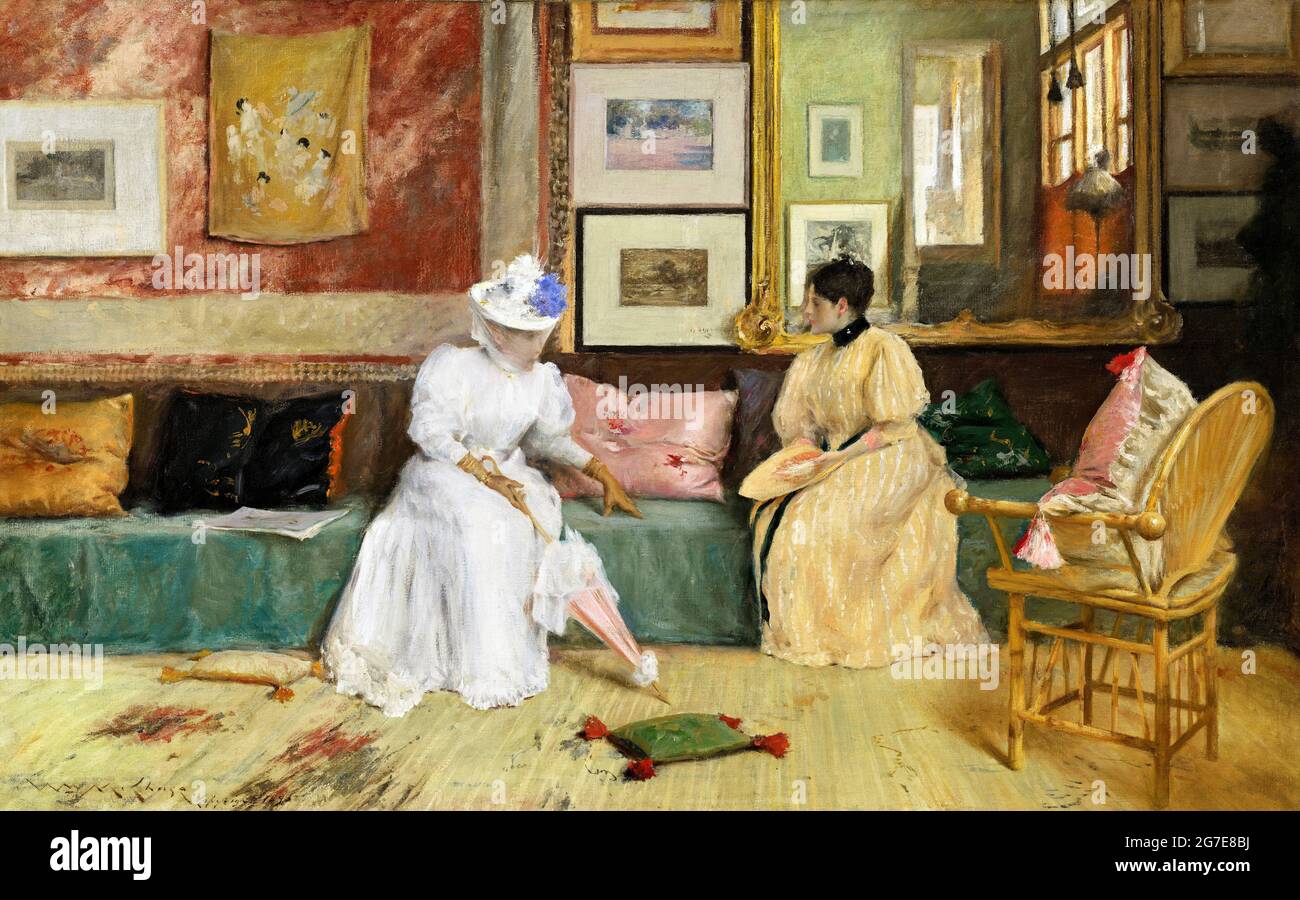 A Friendly Call von William Merritt Chase (1849-1916), Öl auf Leinwand, 1895 Stockfoto